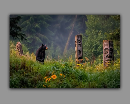 Alaska Black Bear Among the Totem Poles